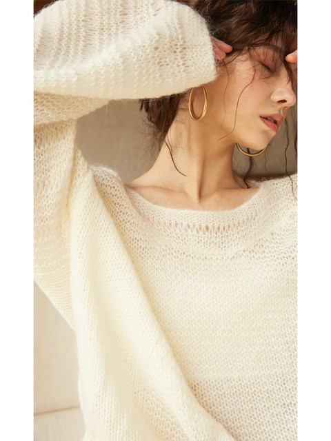 2024 Spring New Pullover Loose Mohair Sweater Women's Lantern Sleeve Round Neck Slight Translucent Lazy Style Thin Knitted Sweater