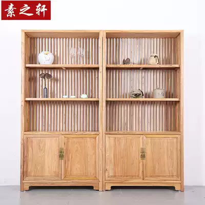 New Chinese Zen bookcase bookshelf Old elm paint-free antique rack display cabinet Solid wood simple shelf storage cabinet