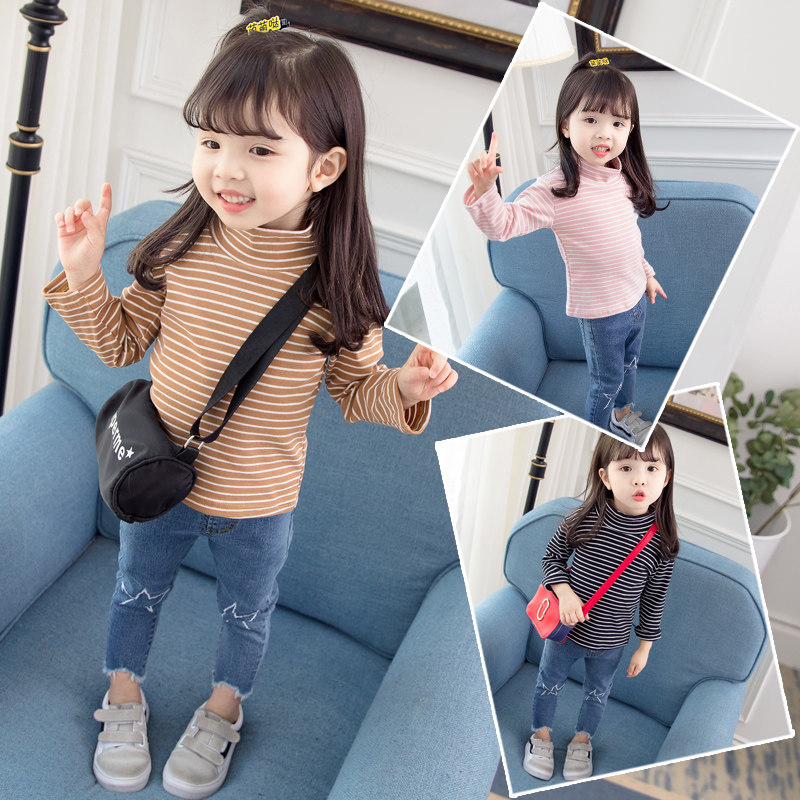Baby pure cotton long sleeve T-shirt 2022 new spring and autumn girl sweaters top girl blouses girl high collar and autumn clothes 