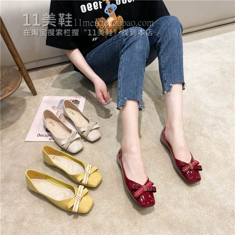 2020 mùa xuân mới phiên bản Hàn Quốc của nơ ngọt ngào giày đơn bằng da sáng chế giày bệt mũi vuông giày nữ đế thấp giày đi làm - Giày cắt thấp