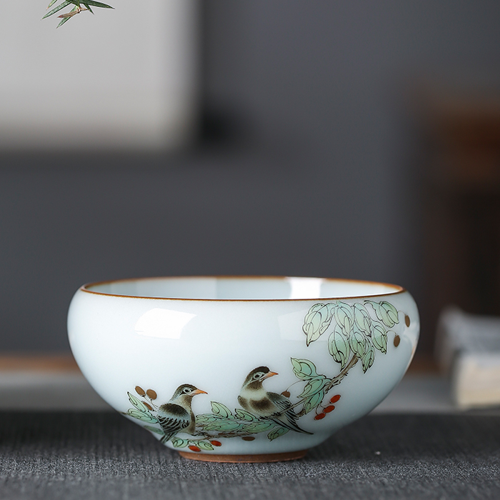 Run Cuitang Guanyao Pastel long-tailed gray tit master cup Single cup Jingdezhen hand-painted flowers and birds large Arhat Cup