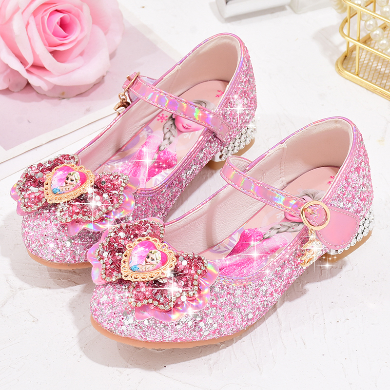Girls' High-Heeled Shoes Spring and Autumn 2026 New Style Sparkling Diamond Crystal Single Shoes Elsa Princess Shoes Sweet Pink Children's Shoes