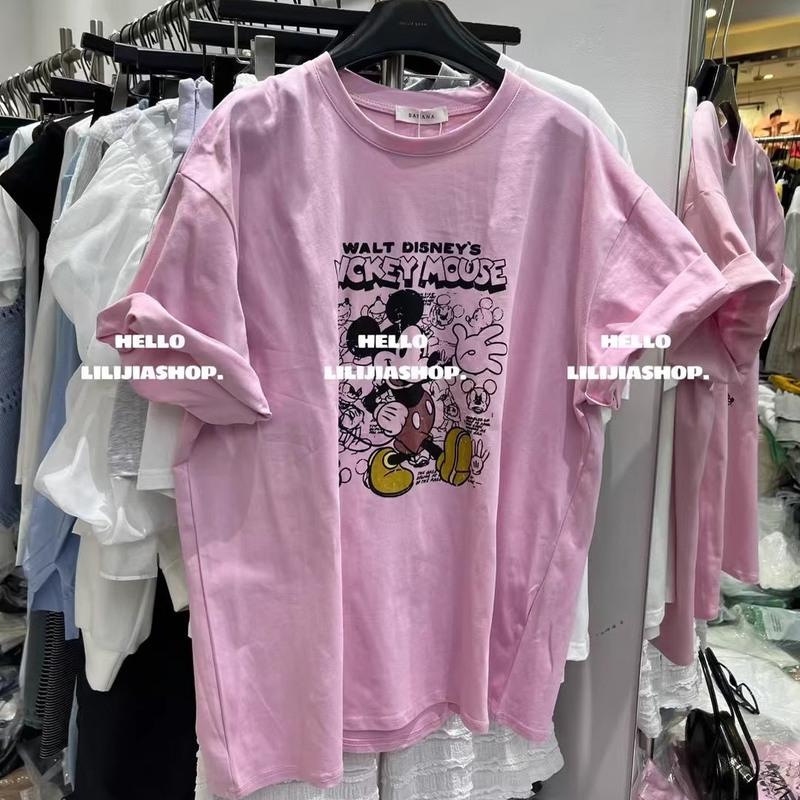 Korean Dongdaemun Spring New Cartoon Mickey Print Pink Short-Sleeved T-Shirt for Women, Loose, Slimming, Versatile Top Korean Dongdaemun Spring New Cartoon Mickey Print Pink Short-Sleeved T-Shirt for Women, Loose, Slimming, Versatile Top