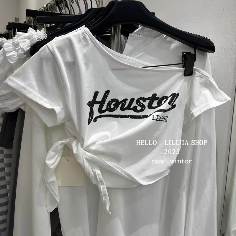 Korean Dongdaemun Summer New Letter Print Short Tie-Up Off-Shoulder Top for Women, Hot Girl Style, Short-Sleeved T-Shirt