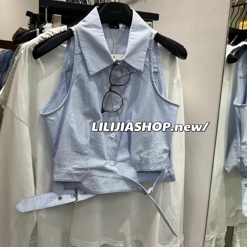 Korean Dongdaemun Summer New Design Niche Tank Top Women's Short Striped Polo Collar Sleeveless Shirt Korean Dongdaemun Summer New Design Niche Tank Top Women's Short Striped Polo Collar Sleeveless Shirt
