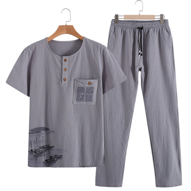 Summer Chinese style linen suit male middle-aged and elderly loose dad summer suit short-sleeved cotton and linen grandpa clothes