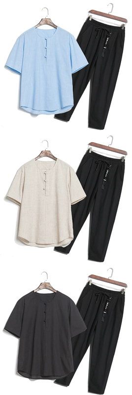 Mùa hè trung niên linen phù hợp với nam ngắn tay t-shirt phong cách Trung Quốc loose cha mặc nam cotton và linen thể thao phù hợp với