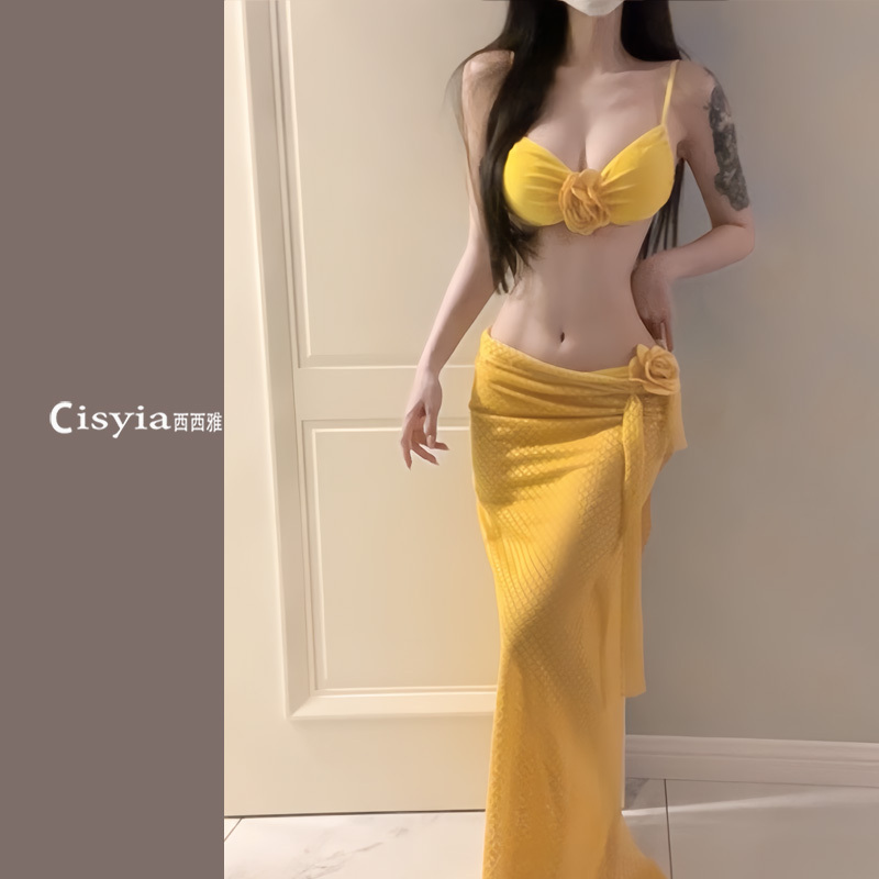 2025 Bikini Long Skirt Three-Piece Set Sexy Pure Desire Style Split Swimsuit That Makes You Look Fairer, Suitable for Seaside Vacations and Hot Springs