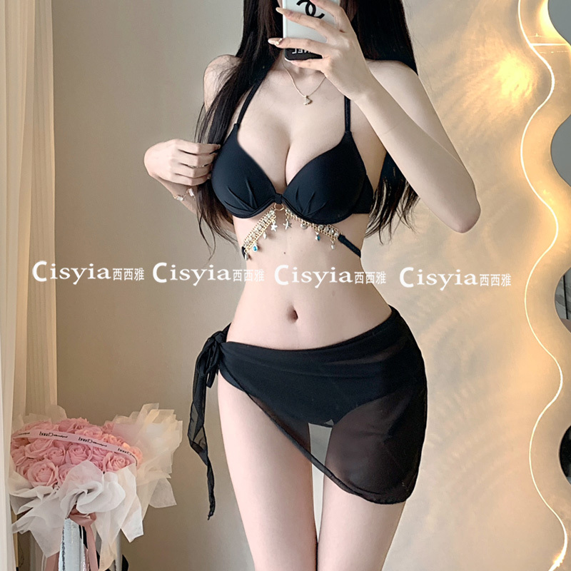 Popular Black Sexy Small Bust Push-Up Padded Underwire Bikini with Chain Detail, Resort Hot Spring Three-Piece Swimsuit for Women Popular Black Sexy Small Bust Push-Up Padded Underwire Bikini with Chain Detail, Resort Hot Spring Three-Piece Swimsuit for Women