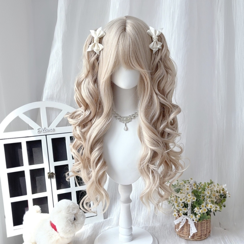 [Sweetheart Milk Shell] Wig for Girls, Double Ponytail Curly Hair, Daily Cute Roman Curls, Lolita Full Head Wig Style