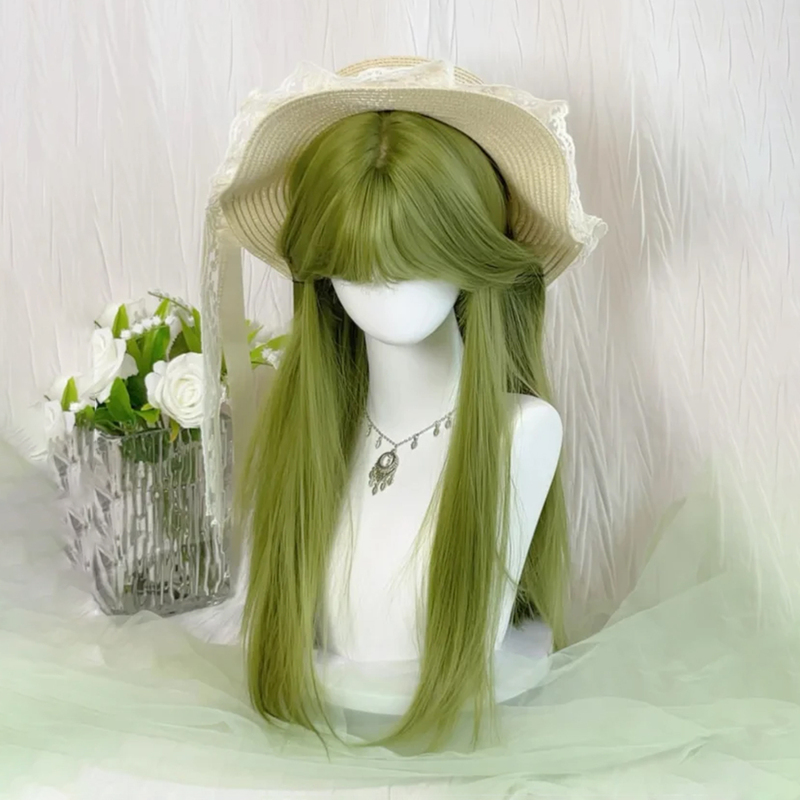 【Matcha】Wig for Women, Summer, Brightening, Mori-Style Green, Full Bangs, Long Straight Hair, Synthetic Hair, Cosplay Full Head Wig