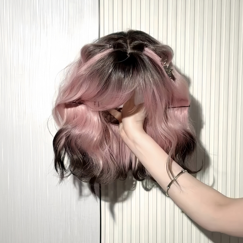 【Siamese Little Pink Cat】Wig for Women, Short Hair, Pink Gradient, Black Highlights, Realistic Human Hair Full Wig
