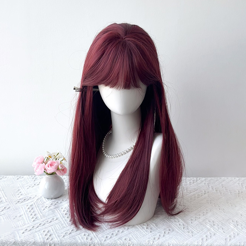 【Cinnabar Birthmark】Long Straight Hair Wig for Women, Raspberry Red, Brightening and Natural, Lolita Realistic Sweet Full Wig
