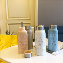  Korean version of the simple small fresh thermos art female student ins cute cartoon creative portable stainless steel water cup