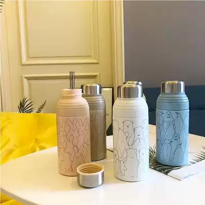 Korean version of simple hipster thermos cup literary female students cute cartoon creative portable stainless steel cup