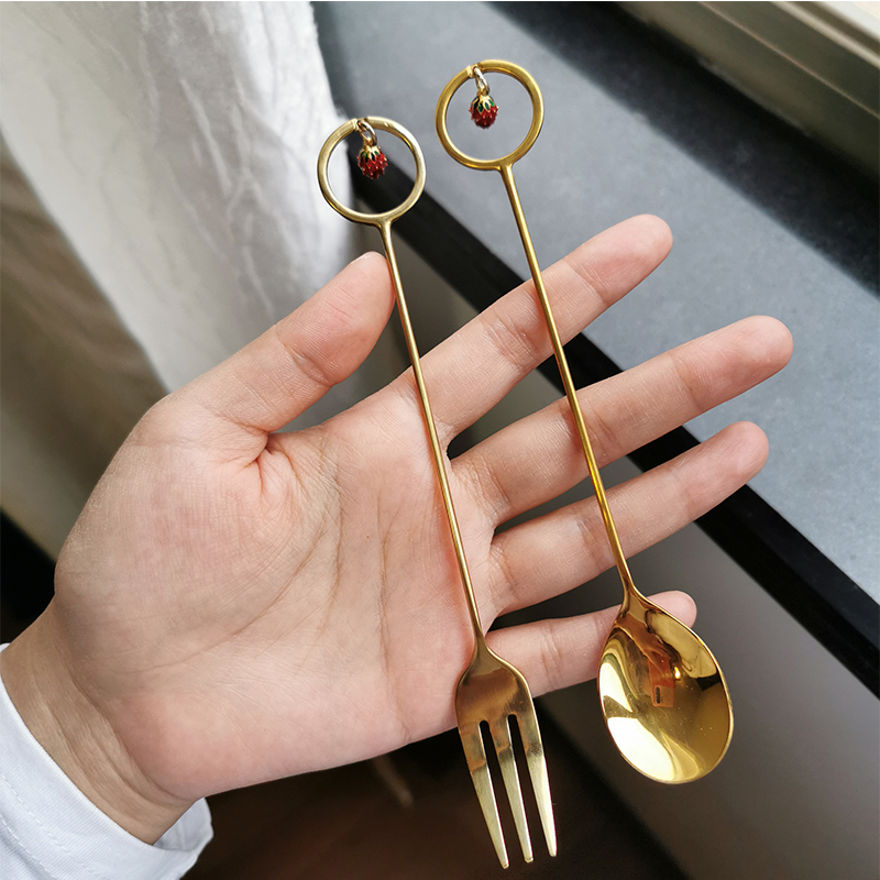 Japan imported stainless steel gold-plated strawberry pendant ins wind cute dessert cake coffee spoon fork stirring stick
