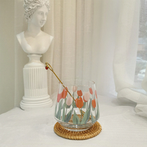  Korean ins same girl heart hand-painted tulip flower glass milk cup Coffee cup water cup Juice cup