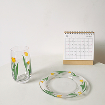 South Korea Ins Same-girl Hearts Hand-painted Tulip Flowers Glass Cups Milk Cup Coffee Cup Juice Cups