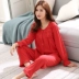 Đồ ngủ nữ màu đỏ lớn mùa xuân và mùa thu cotton dài tay áo len mỏng kích thước lớn phục vụ nhà trung niên của mẹ thời trang mặc nhà  Giống cái