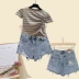 Little Daisy Fashion Suit New Stripe Short Slim Draw Draw Short Short T-shirt Cao Eo Lỗ Quần short denim Nữ - Bộ đồ