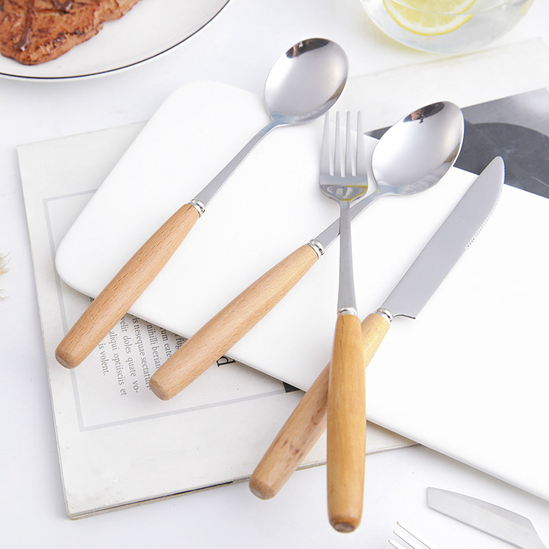 Beech Wood Handle Stainless Steel Steak Western Dining Knife Fork Spoon Fruit Fork Dessert Knife Sweet spoon Stir Soup Spoon