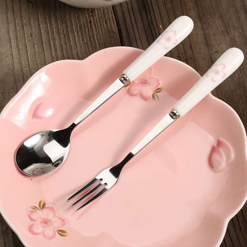 Japanese-Style Cherry Blossom Ceramic Handle Stainless Steel Coffee Spoon Afternoon Tea Dessert Fruit Fork Ceramic Cherry Blossom Spoon Yogurt Spoon