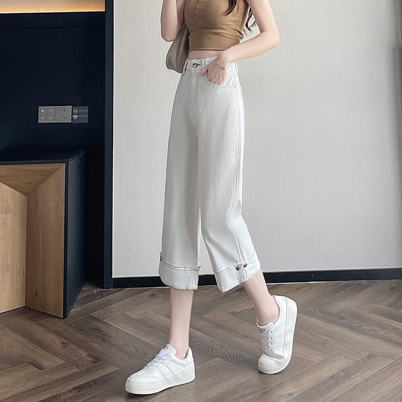 Women's Cropped Jeans, Summer Thin Style, Loose Fit, Slimming, White Straight-Leg Pants, High-Waisted, Petite, Light-Colored Cropped Pants