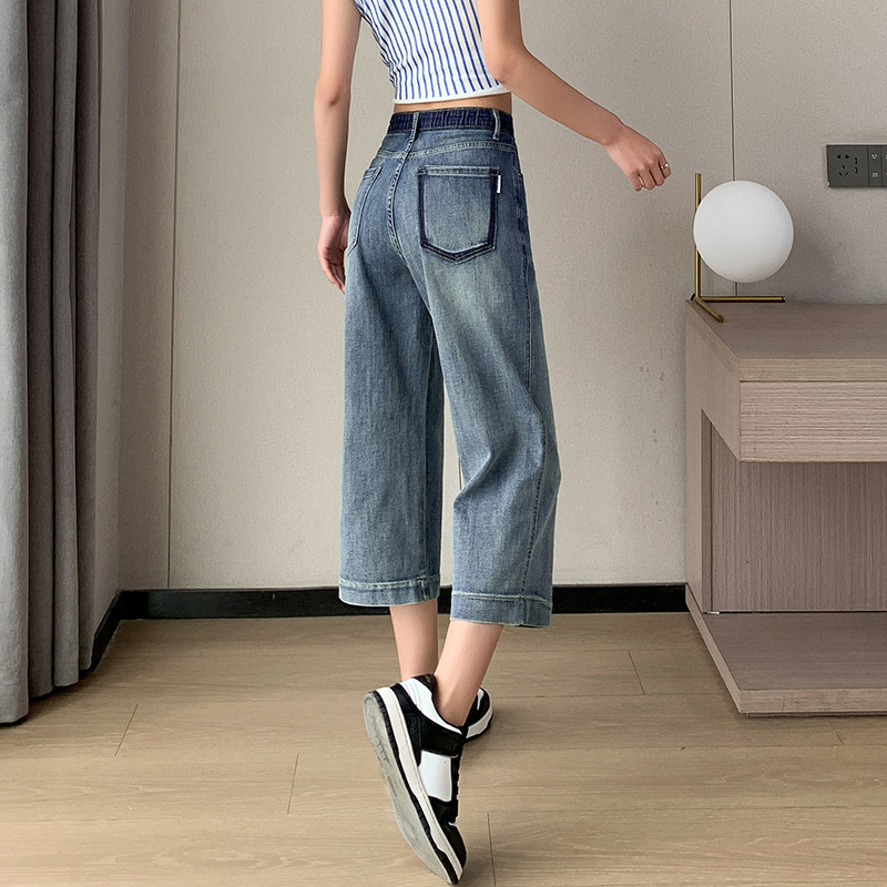 Women's Cropped Denim Pants, Summer Thin Style, Loose Straight-Leg Pants, High-Waisted, Petite Mid-Length Pants, Summer Wide-Leg Cropped Pants