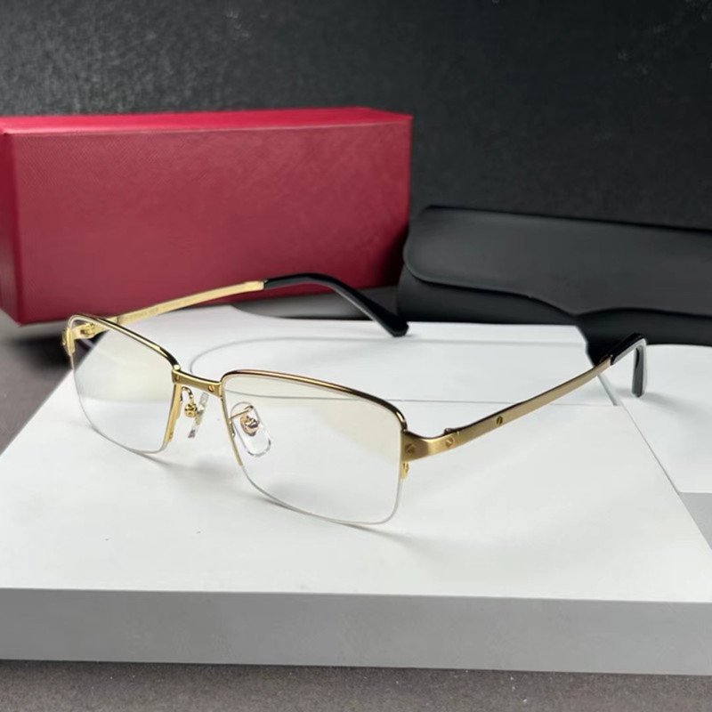 24K Gold High-End Pure Titanium Eyeglass Frame for Men, Business Half-Rim Santos Brushed Gold Rim Eyeglass Frame Ct0443O