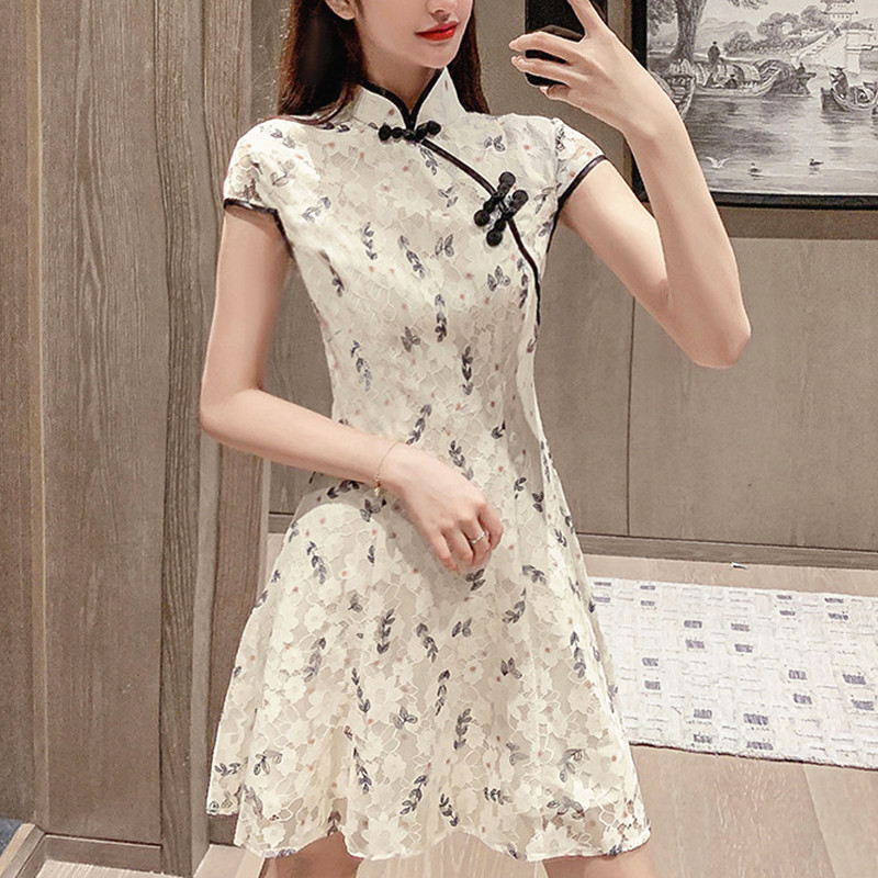 Cheongsam, lace dress, french style, floral print, suitable for teen