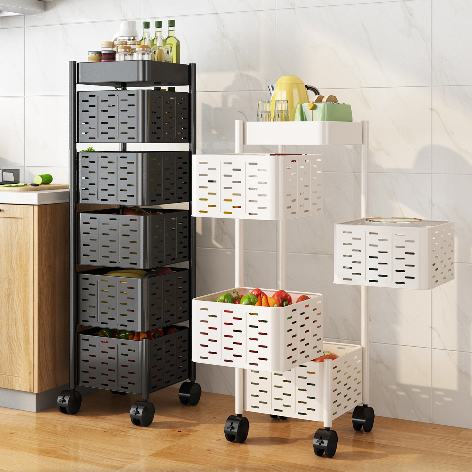 Kitchen rack household rotatable mobile floor-to-ceiling multi-layer vegetable basket for fruit and vegetable special multi-functional storage rack