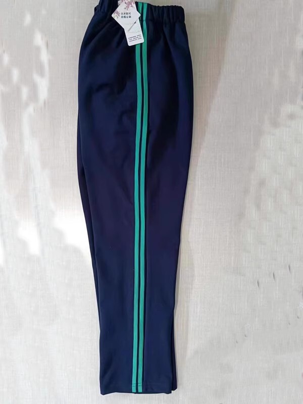 Student High-Waisted Loose-Fitting Sports Pants, School Uniform Pants, Available in Large Sizes, Navy Blue with Green Side Stripes, Straight-Leg