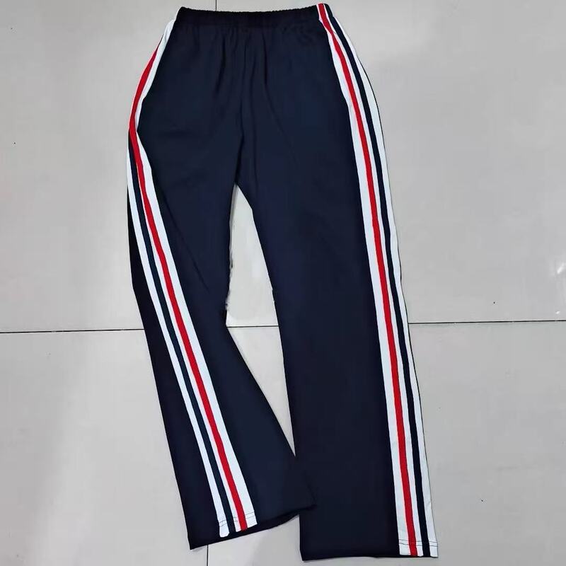Beijing Chen Jinglun School Dark Blue Cotton School Uniform Pants with White Wide Stripes and Red and Blue Stripes, Straight-Leg, Sporty, Loose Fit