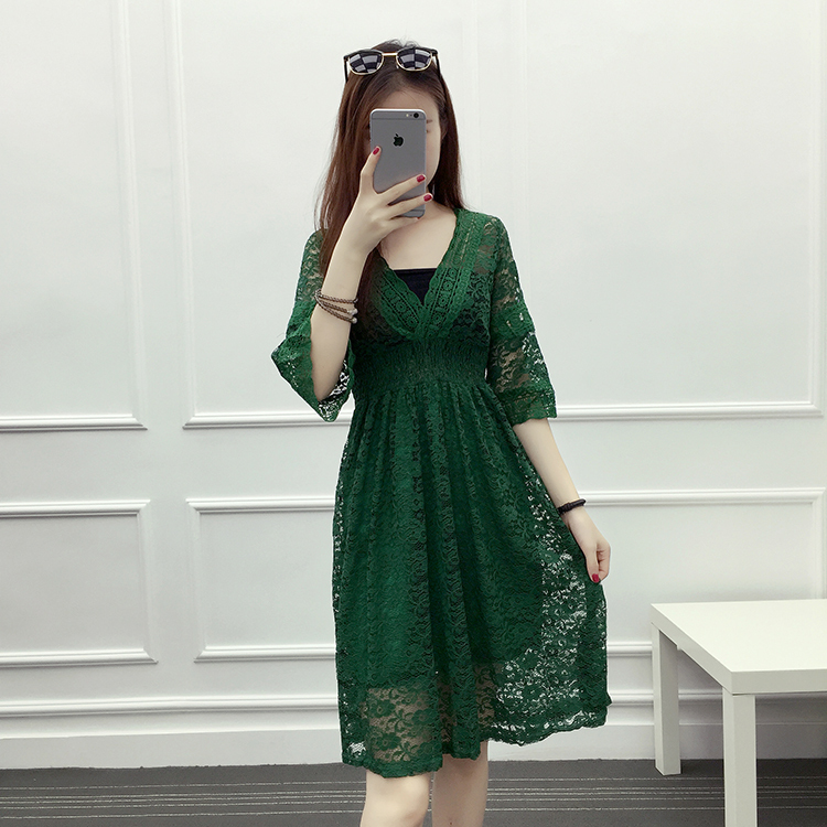 Ladylike Plus-Size Women's Clothing, Hollow Lace Waist-Cinching Mid-Length Skirt, Korean Style Bell-Sleeve Summer Dress