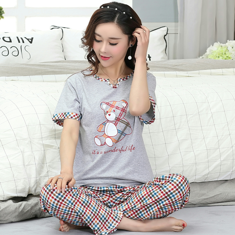 Ngắn tay quần cotton mỏng womens đồ ngủ mùa hè nửa tay áo lỏng lẻo bảy điểm quần womens quần short quần áo nhà kẻ sọc.