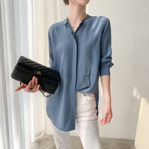 Mas Jiamin relaxed profile shape with design feeling foggy blue real silk shirt long sleeve blouse