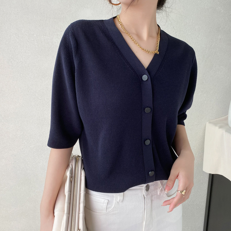 Ma's Jiamin 20 years early autumn New products Bio-pin thick solid knit cardiovert short sleeve blouses