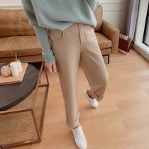  Mars Jiamin cotton four-sided elastic loose casual pants flanging straight pants Medium and high waist 9-point pants