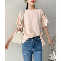 Mas Jiamin true silk double crepe agaric side short sleeve blouses round collar bubble sleeves genuine silk shirt