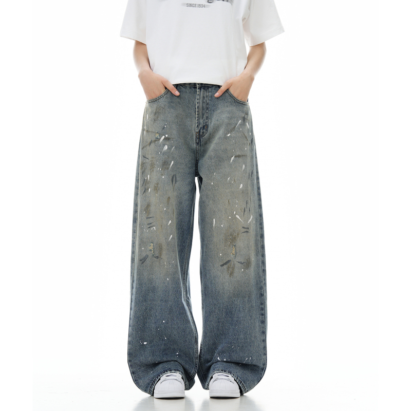 Verborgen Tie-Dye Splash-Ink Jeans American High Street Fashion Brand Retro Washed Distressed Loose Straight Wide-Leg