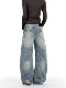 Verborgen American Retro Washed Blue Slub Pattern Scimitar Jeans for Men, Loose and Versatile Wide-Leg Sickle Pants