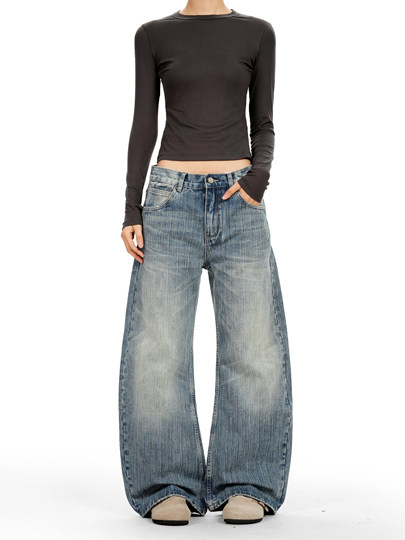 Verborgen American Retro Washed Blue Slub Pattern Scimitar Jeans for Men, Loose and Versatile Wide-Leg Sickle Pants