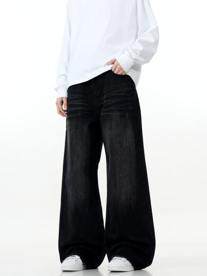 Verborgen American Retro Whiskered Black Jeans, Simple and Versatile, Loose Straight-Leg Wide-Leg Cleanfit