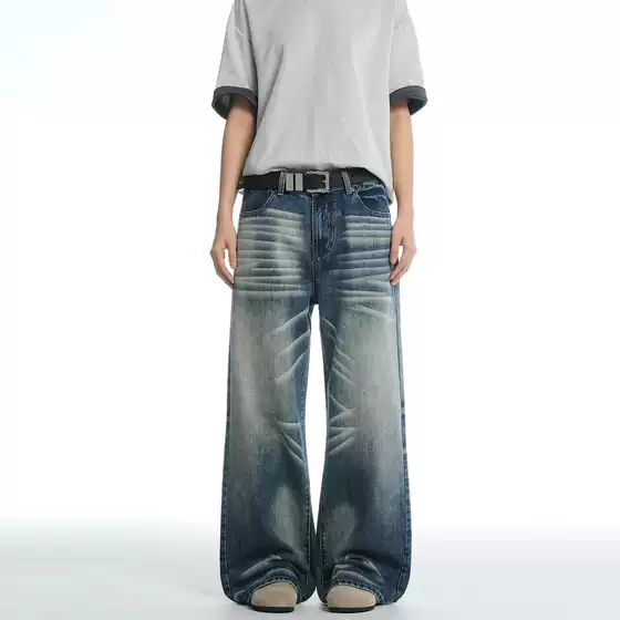 Verborgen American Retro Whiskered Blue Straight-Leg Jeans for Men, Trendy Brand, Cool and Versatile Wide-Leg Long Pants