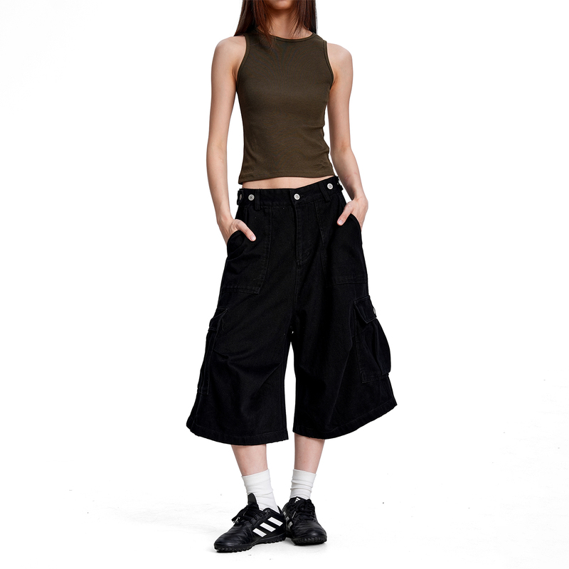 Verborgen Black Adjustable Waist Cargo Shorts for Men and Women, Multi-Pocket American-Style Distressed Casual Capri Pants