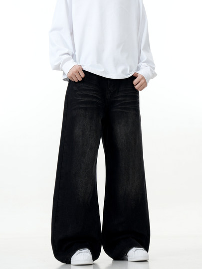 Verborgen American Retro Whiskered Black Jeans, Simple and Versatile, Loose Straight-Leg Wide-Leg Cleanfit