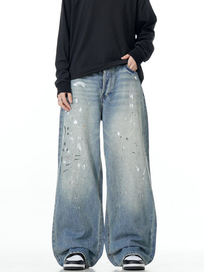 Verboren Light Blue Splatter Denim Jeans American Retro Vintage Washed Distressed Straight Loose Wide-Leg