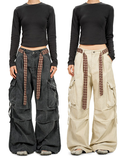 Verborgen American Retro Multi-Pocket Pleated Cargo Pants for Men and Women with Plaid Belt, Loose Straight Wide-Leg Pants