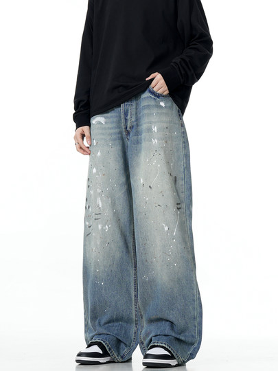Verboren Light Blue Splatter Denim Jeans American Retro Vintage Washed Distressed Straight Loose Wide-Leg