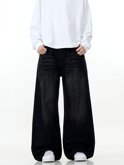 Verborgen American Retro Whiskered Black Jeans, Simple and Versatile, Loose Straight-Leg Wide-Leg Cleanfit
